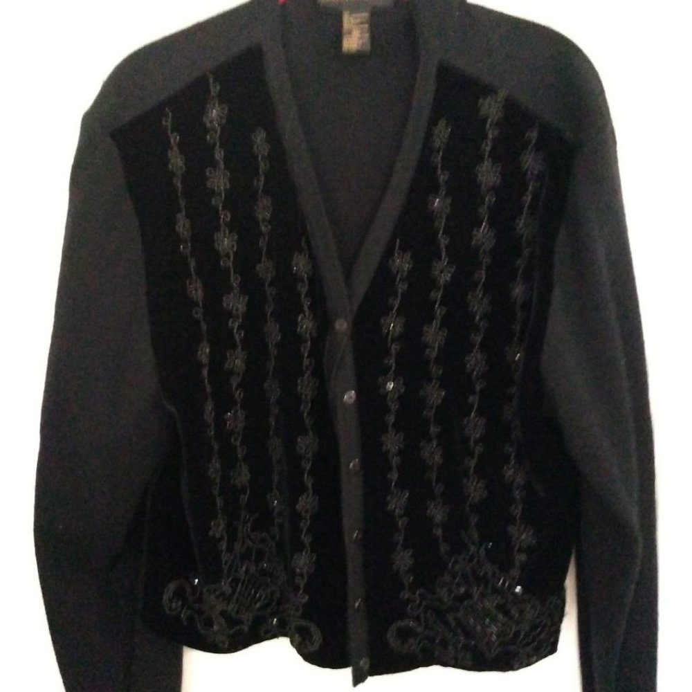Black Faux Suede & Bead Front Sweater